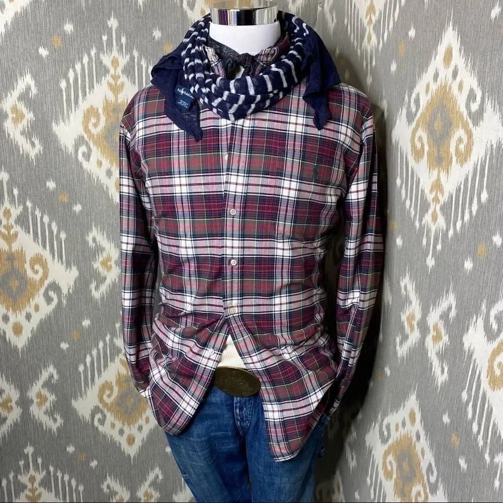 Polo Ralph Lauren Classic Tartan Plaid Oxford Button Down Shirt Red Navy Green